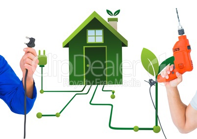 hand with plug and hand with drill with green house background
