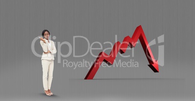 Digital composite image of businesswoman by downward arrow