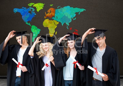 Graduating students under Colorful Map with blackboard background