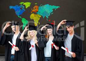 Graduating students under Colorful Map with blackboard background