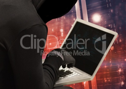 Black jumper hacker with out face with computer
