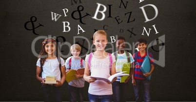 Digitally generated image of children holding books with letters flying against brown background