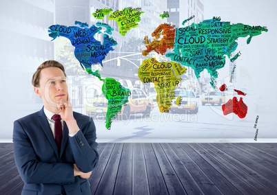 Businessman thinking with Colorful Map with city background