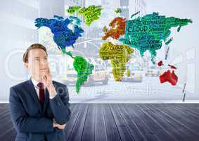 Businessman thinking with Colorful Map with city background