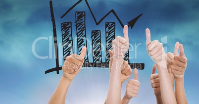 Hands gesturing thumbs up with graph in background