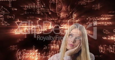 Digital composite image of thoughtful woman against math equations in background