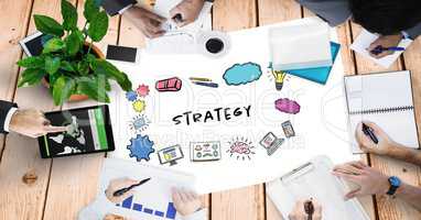 Strategy text by signs and hands of business people
