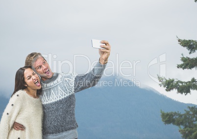 mountain travel, couples selfie in the top of mountain