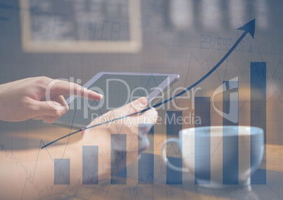 Hands with tablet in cafe and blue graph overlay