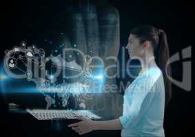 Woman with futuristic computer. hand scan