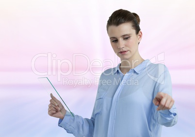 Woman with glass tablet with bright background
