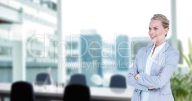 Business woman hand folded in the meeting room. large