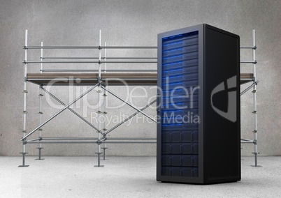 Scaffolding in grey room with blue server