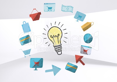 Colourful lightbulb with online shopping drawings graphics