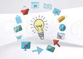 Colourful lightbulb with online shopping drawings graphics