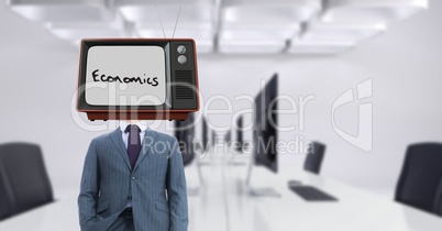 Businessman wearing TV on head with economics text on screen