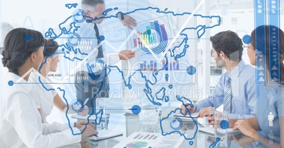Digital composite image of world map with business people in background