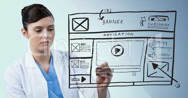 Doctor with marker and website mock up against blue background