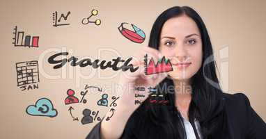 Business woman with marker behind growth doodles against cream background