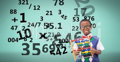 Digitally generated image of boy with numbers flying against green background