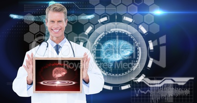 Digitally generated image of male doctor showing digital tablet against tech graphics