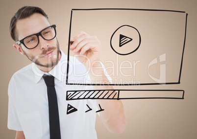 Business man with marker and website mock up against cream background