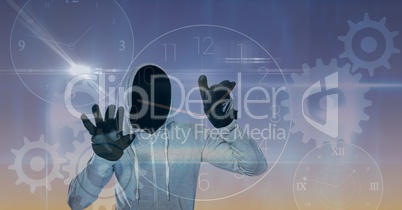 Digital composite image of hacker touching screen