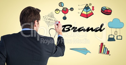 Back of business man with marker against brand doodles and yellow background