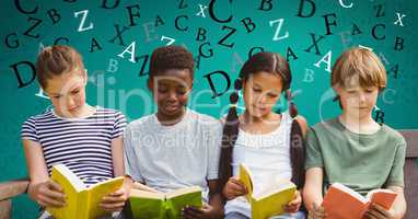 Digital composite image of children studying on sofa with letters flying in background