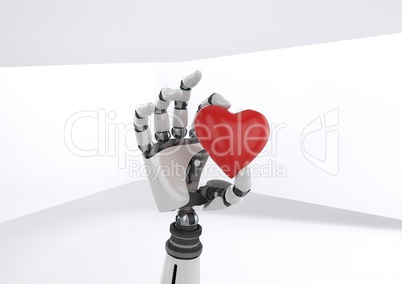 Android Robot hand holding heart with bright background