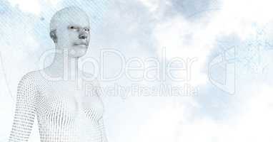 3D female shaped binary code against sky and clouds