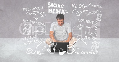 Digital composite image of man using laptop amidst various texts and arrow symbols