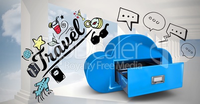 Digital composite image of travel text and various icons by cloud drawer against sky