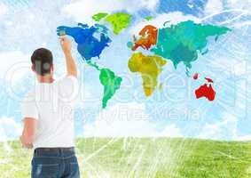 Man painting Colorful Map with bright sky background