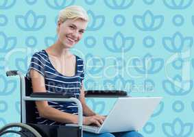 Woman in wheelchair against blue floral pattern