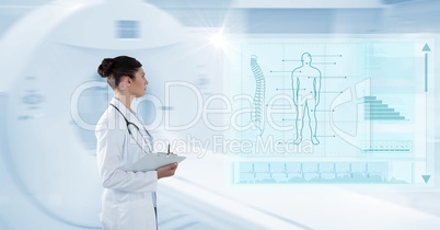 Digital composite image of female with clipboard analyzing human body with interface graphics
