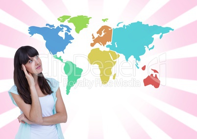 Businesswoman looking at Colorful Map with bright background