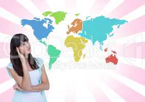 Businesswoman looking at Colorful Map with bright background