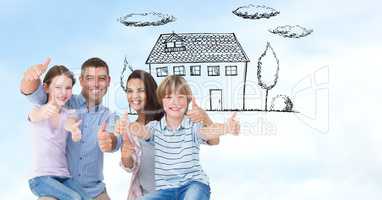 Happy family showing thumbs up sign with house in background