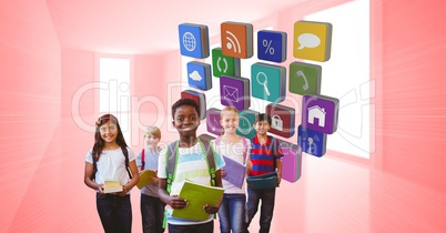 Digital composite image of school children with books and application icons