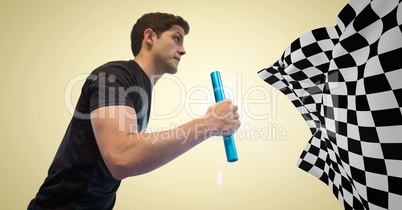 Relay runner against yellow background with flare and checkered flag