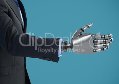 Android Robot businessman hand open for handshake with blue background