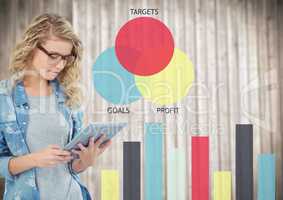 Woman with tablet against colourful graphs and blurry wood panel