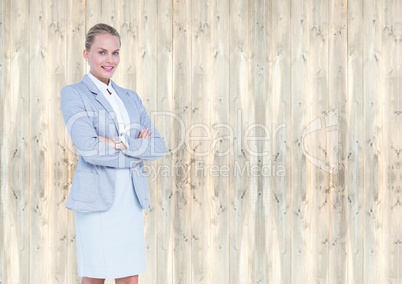 Business woman, hand folded. Wood background