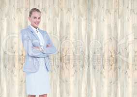 Business woman, hand folded. Wood background