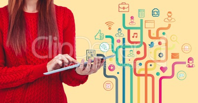 Woman mid section with tablet and business graphic against yellow background