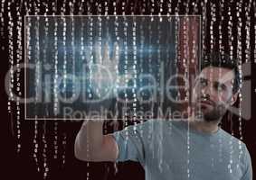 hand scan on a screen and rain of binary code