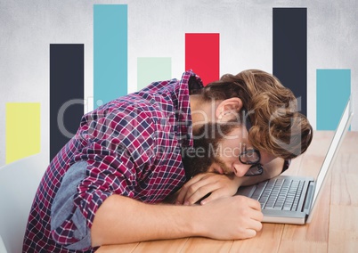 Man asleep at laptop and colourful graph against white wall