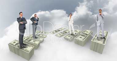 Digital composite image of people standing on money in sky