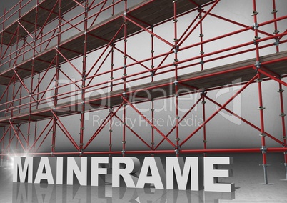 3D word mainframe in front of scaffolding in grey room